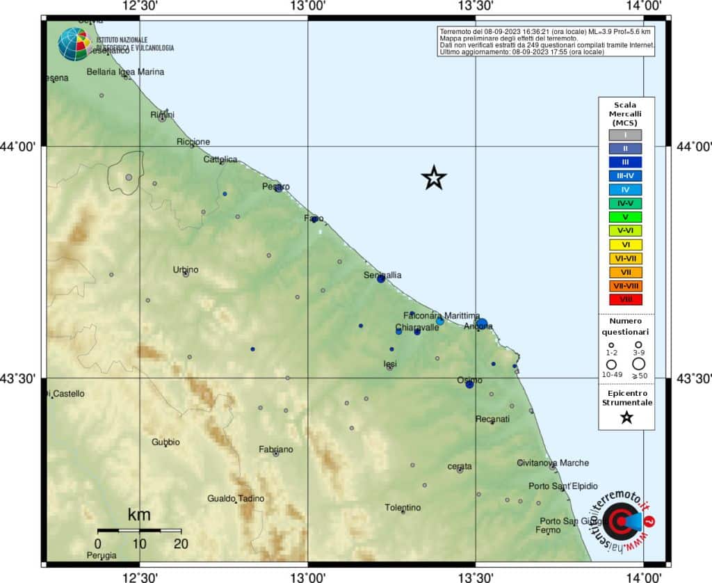 Terremoti, scossa magnitudo 3.9 nelle Marche