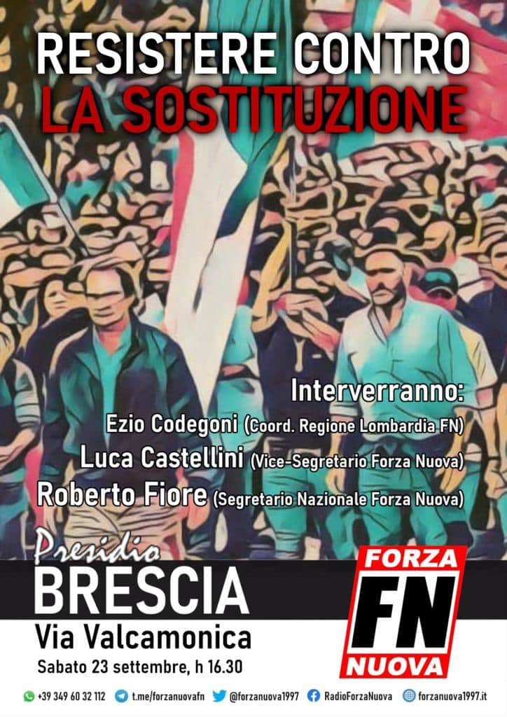 Domani presidio di Forza Nuova a Brescia contro la ‘sostituzione etcnica’. Magenta Presente.
