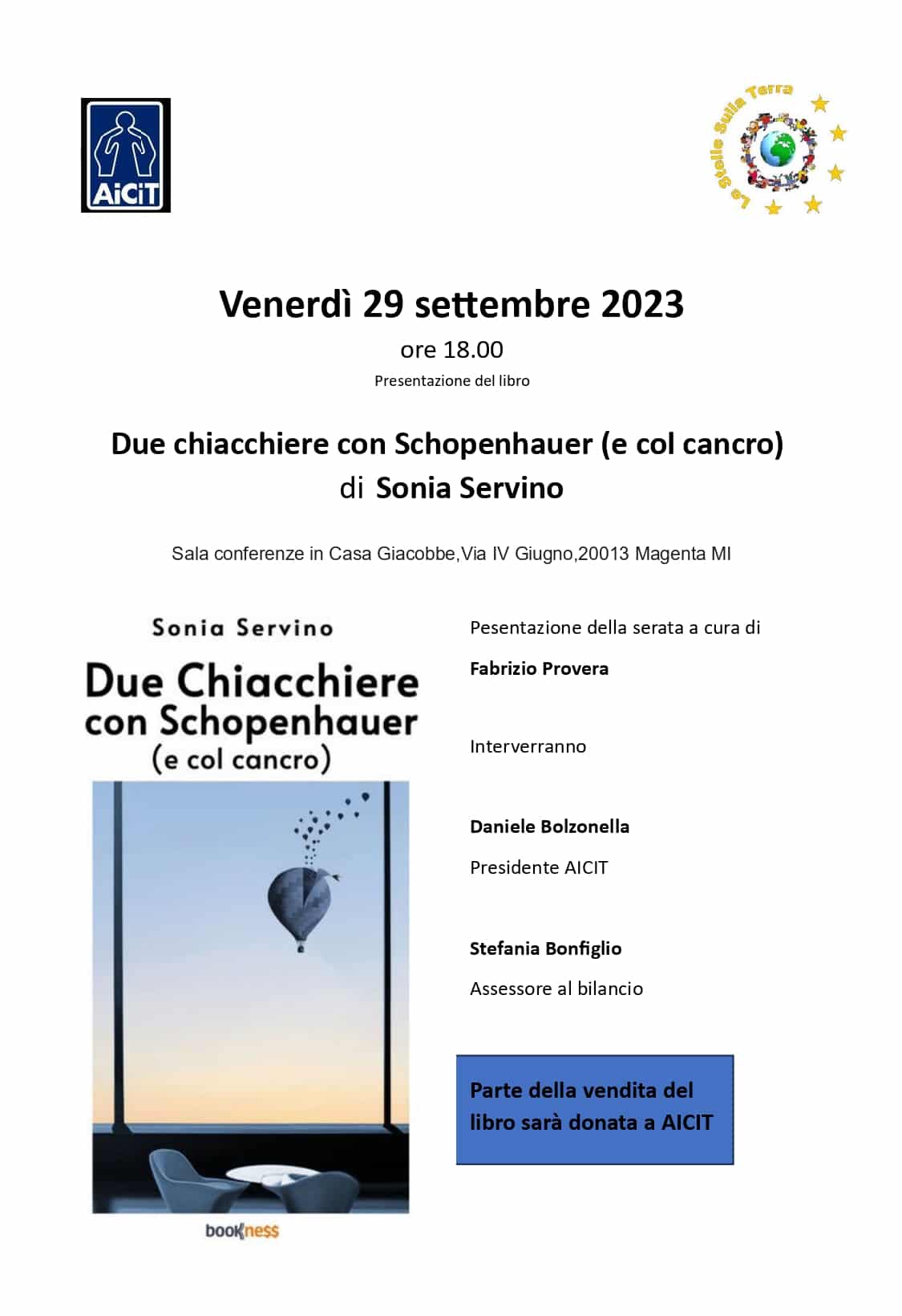 Sonia Servino, il cancro e Schopenhauer: venerdì 29, a Magenta, la presentazione del libro (con Aicit)