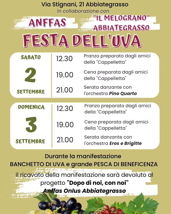 Bià: oggi e domani festa dell’Uva pro Anffas. Albairate, stasera risotto in corte