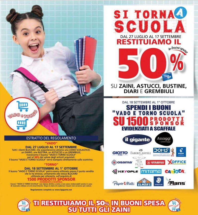 Caro scuola? Gigante restituisce il 50% di zaini e diari in buoni spesa