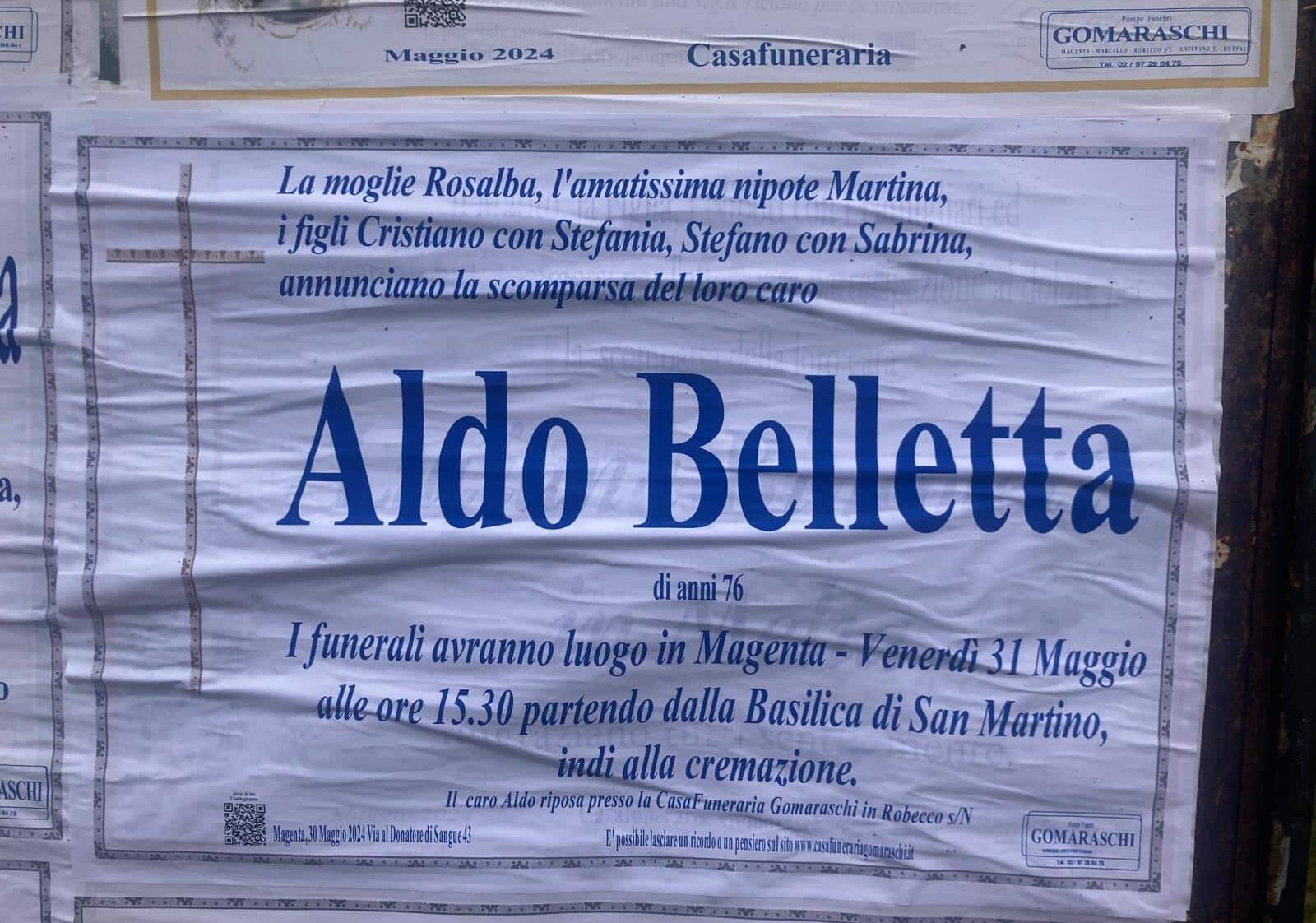 Magenta, domani pomeriggio l’ultimo saluto ad Aldo Belletta