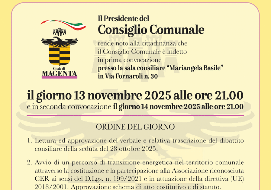 Consiglio Comunale a Magenta: seduta questa sera